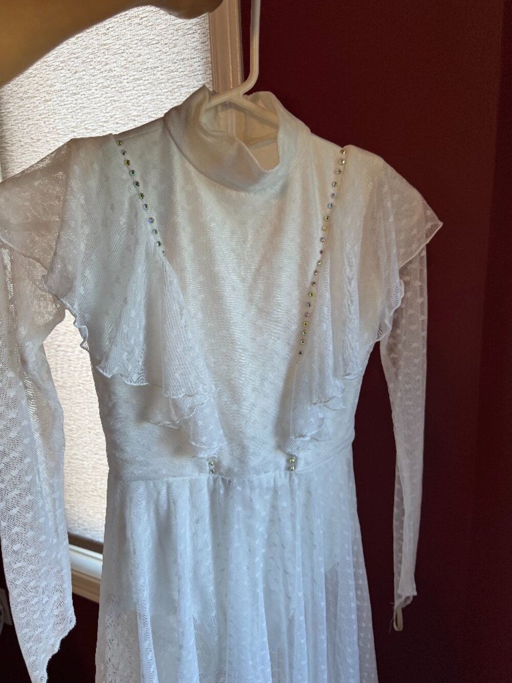 White Swiss Dot Mesh High-Low Dance Costume Dress - Rhinestone Ruffles